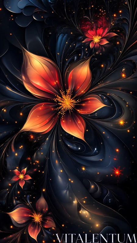 Cosmic ember blossoms unfurl across a midnight swirl