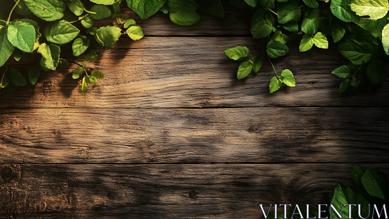 Green leaves border on rustic wooden table background