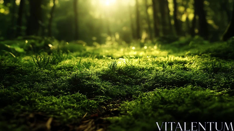 Sunlit Mossy Forest Floor in Soft Green Tones, Nature Photography.
