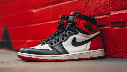 High top sneakers in red, white and black against brick wall.