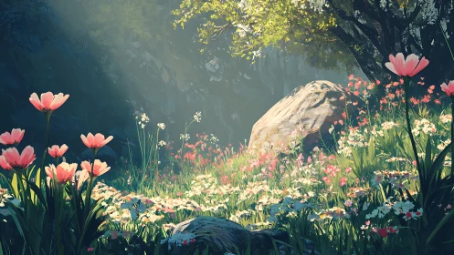Sunlit wildflower glade bathes a hidden forest boulder in calm