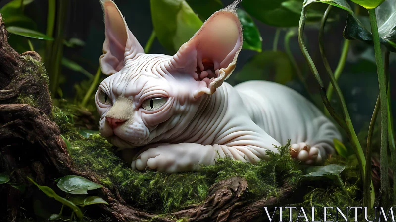 Hairless Sphynx Cat Sculpture Resting on Moss-Covered Branch