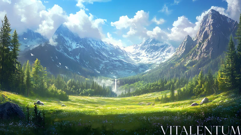 Sunlit meadow whispers beneath colossal alpine guardians