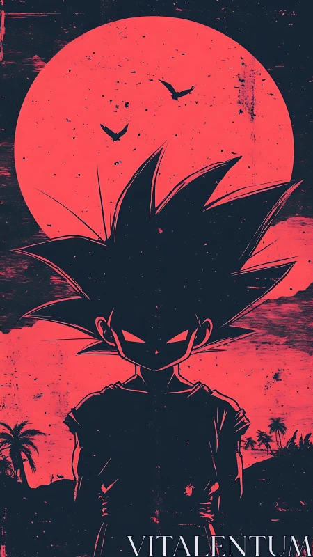 Silhouetted spiky-haired figure stands before large red moon