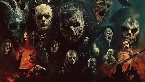 Grotesque horror character montage with high-contrast chiaroscuro lighting