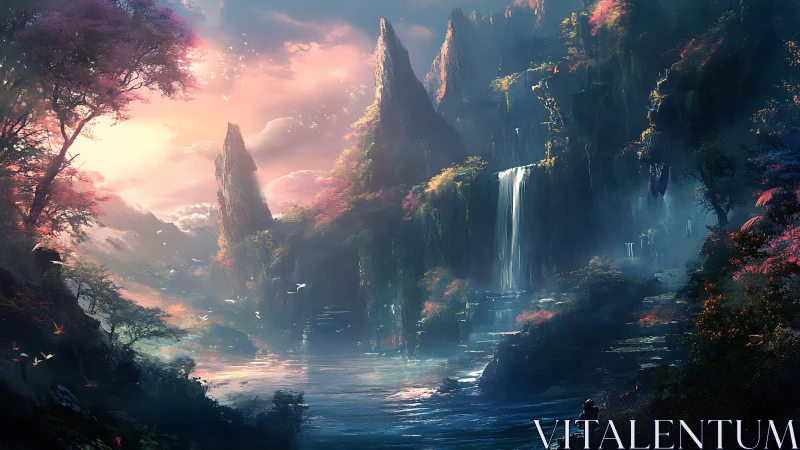 Mystic waterfall valley glows under ethereal sunrise light