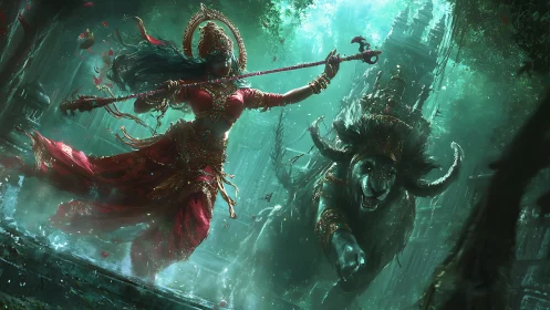 Warrior goddess rides spectral tiger through ruined temple