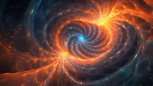 Spiraling cosmic dance of fire and ice in glowing harmony.