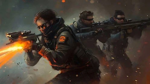 Squad of futuristic soldiers charging into blazing action.