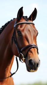 Bay dressage horse portrait with braided mane and snaffle bridle