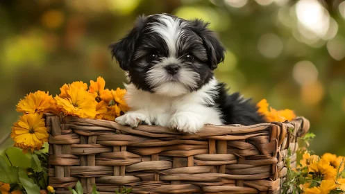 Photorealistic puppy portrait in woven basket composition.