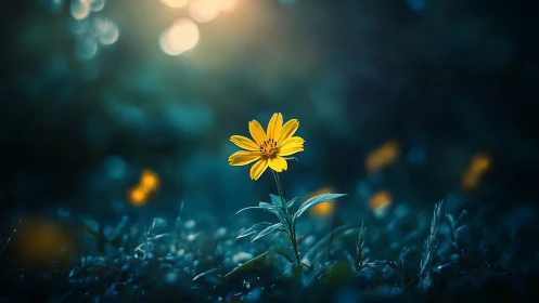 Single yellow wildflower in low light natural environment.
