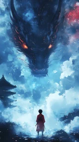 Boy in red robe confronts massive glowing eyed dragon.