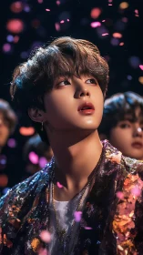 Digital portrait of young person under floating confetti.