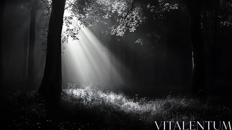 Sun rays pierce misty forest clearing in monochrome silence
