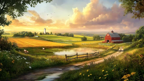 Golden-hour farm landscape glows with calm country light