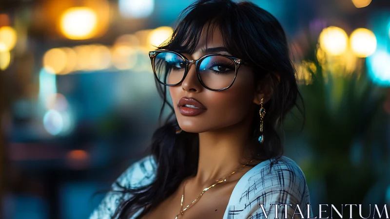 Soft city lights glow around a poised woman in glasses