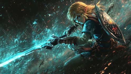 Elf warrior unleashes glowing sword in cosmic storm