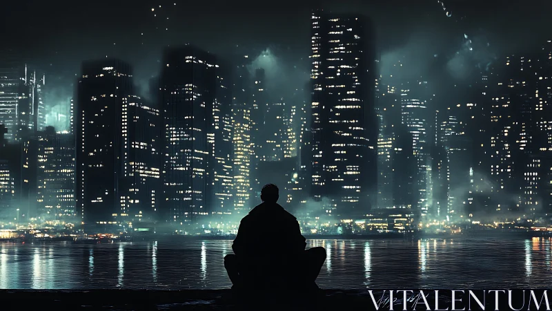 Solitary figure observes illuminated skyline across water