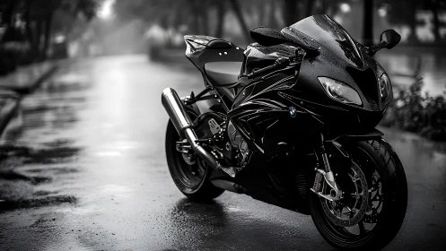 Rain-soaked superbike waits like a restless shadow on asphalt