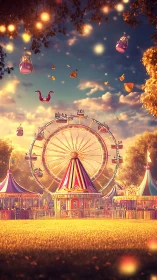 Whimsical sunset carnival with glowing ferris wheel lights.