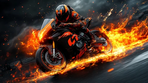 Fireborne superbike carves molten arcs through stormy night