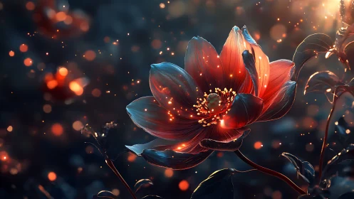 Luminescent flower with red petals and incandescent core detail.