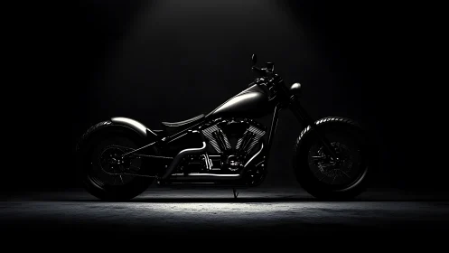 Low key side-profile bobber motorcycle under focused overhead spotlight