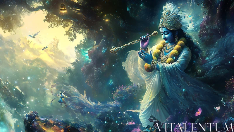Divine blue figure plays flute in luminous cosmic forest