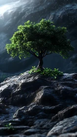 Solitary green tree withstands harsh rocky mountainside light