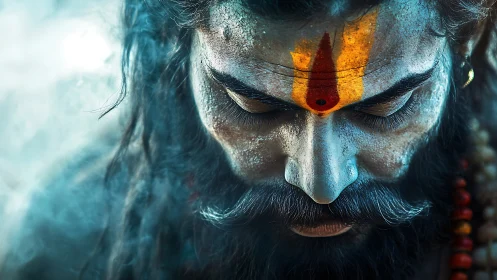 Portrait shows painted forehead of bearded man in prayer