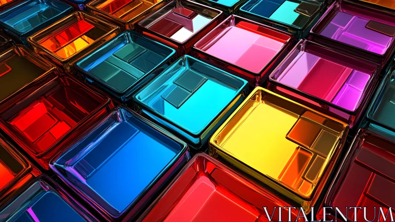 Geometric grid of reflective multicolored glass squares.