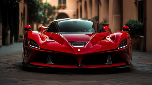 Scarlet supercar prowls a quiet Italian alleyway in style.