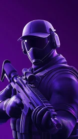 Armored tactical soldier grips rifle in neon purple light