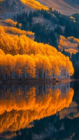 Autumn aspen forest reflects sharply on calm mountain lake