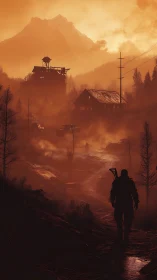 Armored wanderer approaching industrial outpost at dusk