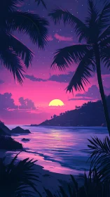 Neon magenta tropical sunset with silhouetted palms and bay shoreline