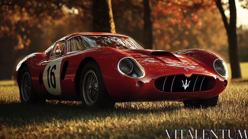 Classic red Maserati race car in warm autumn backlit park