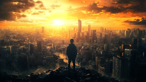 Backlit child surveying post-urban skyline under incendiary sky.