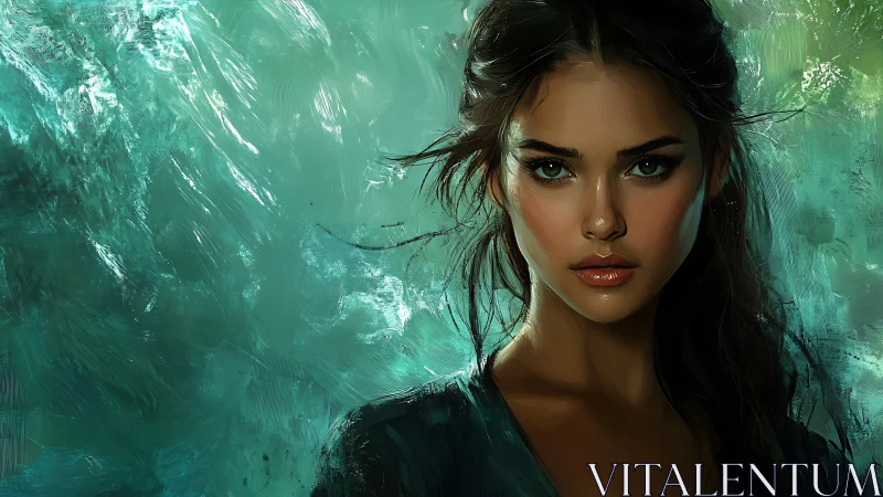 Focused digital portrait of woman against teal abstract field.