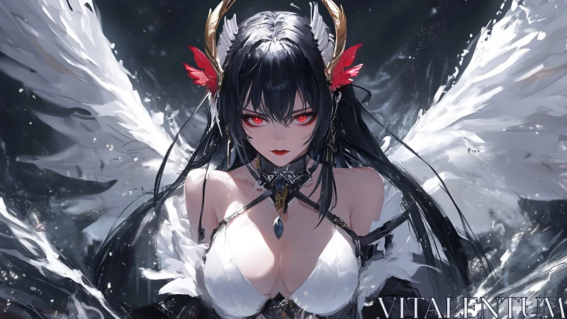 Fierce winged heroine rises from swirling water in moonlight