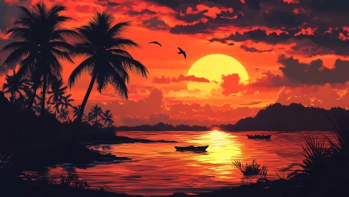 Ember-tide sunset over palm silhouettes and quiet boats.
