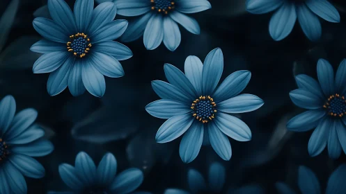 Blue Daisies with Golden Centers on Dark Background.