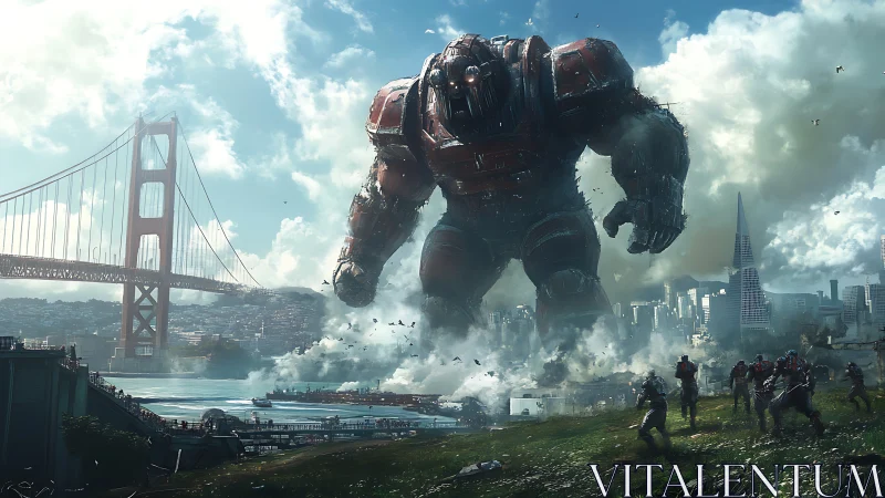 Giant combat mech advances on San Francisco under heavy smoke