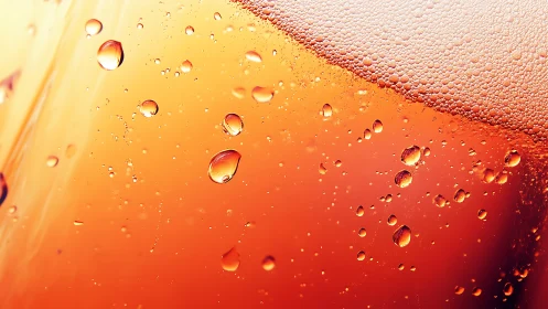 Close-up macro view of orange carbonated liquid surface.