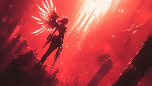 Winged humanoid silhouette hovers over red futuristic ruins