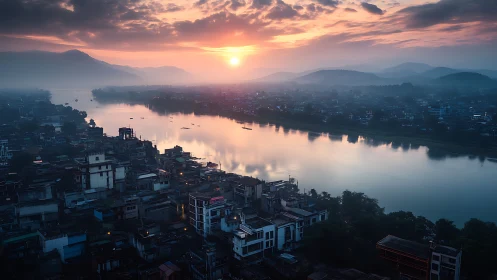 Sunrise over riverside city blocks and layered distant hills