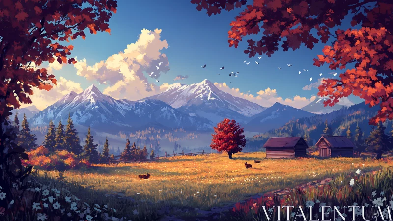 Autumn valley farmland under snowcapped mountains in warm rim light