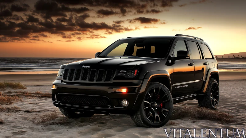Midnight-black beach SUV prowling under ember-kissed sunset.