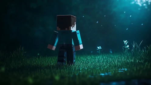 Soft moonlit meadow welcomes a lone blocky adventurer